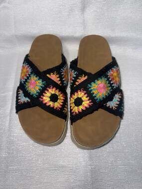 Bamboo Crochet Multi-Color Flower Platform Slide Sandals